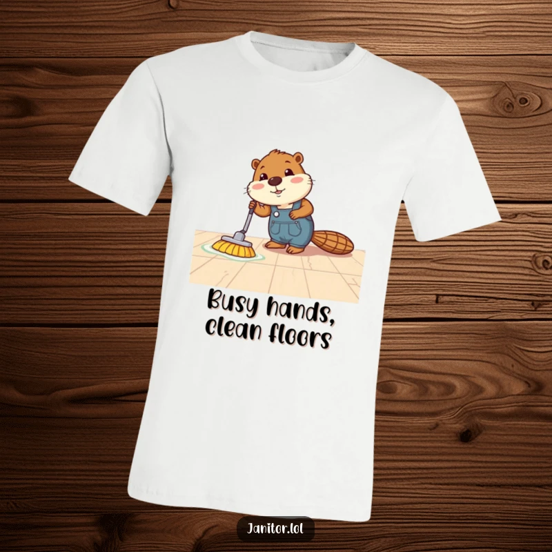 Funny beaver t-shirt showing an energetic beaver in overalls meticulously polishing a very shiny floor with a mop.