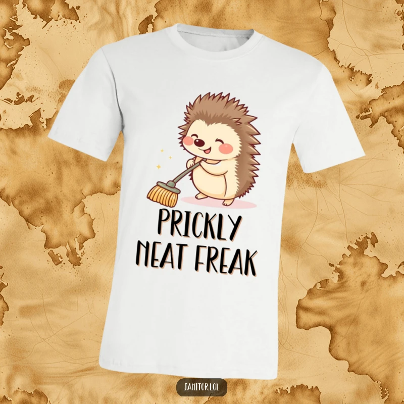 Funny hedgehog giggling while pushing a sparkling push broom, printed on a t-shirt, showcasing its joy in tidiness.