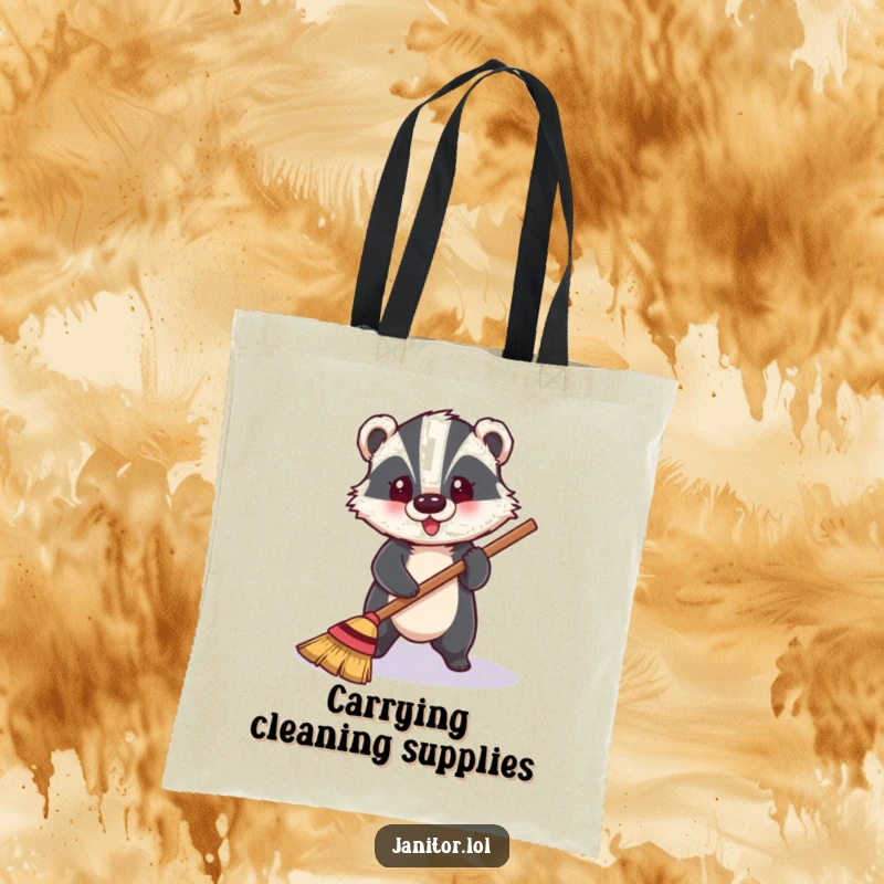 Funny cheerful badger sweeping a shiny floor, a practical and humorous tote bag for organized individuals.