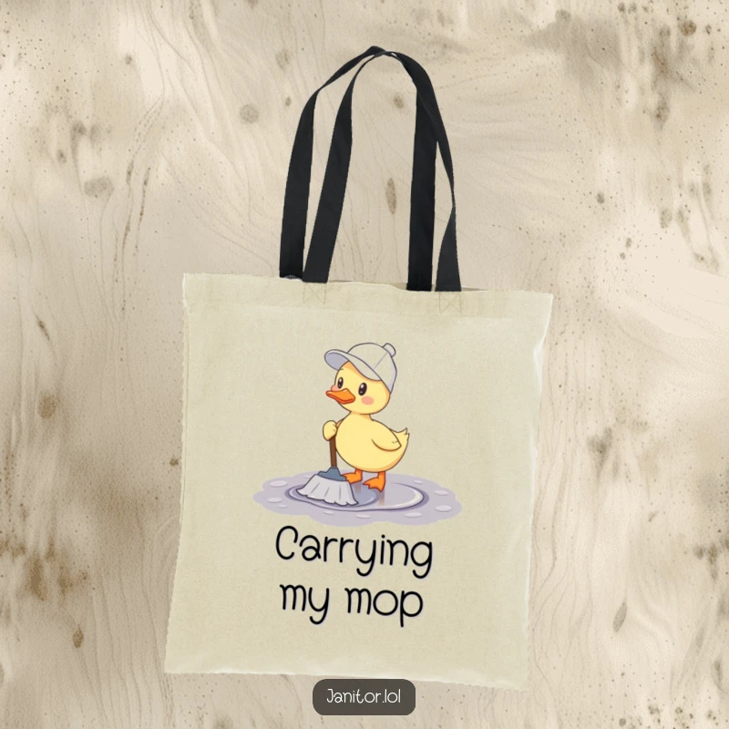 Funny duck tote bag showing a cheerful duck in a cleaning cap happily mopping a puddle with a small mop.