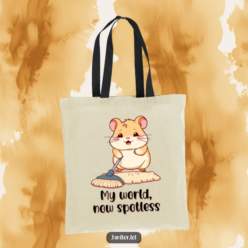 Funny contented hamster diligently mopping a floor section, shown on a tote bag, ready for errands and a good laugh.